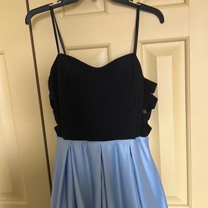 Black corset. Blue ballgown. Prom